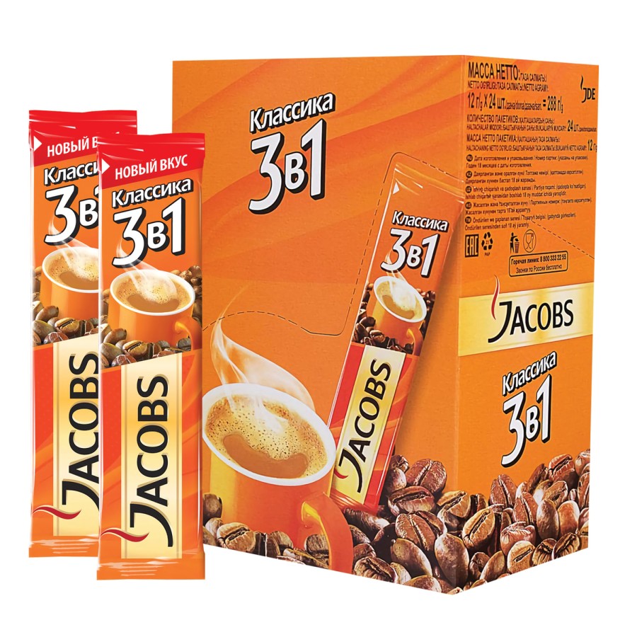 Кофе растворимый порционный JACOBS "3 в 1 Классик", 12 г, пакетик, 8051395