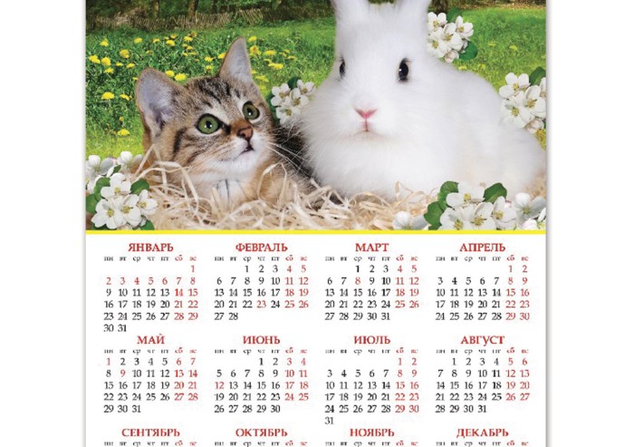 Календарь настенный листовой 2023 г., формат А2 (45х60 см), "Год Кота и Кролика", HATBER, Кл2_27121