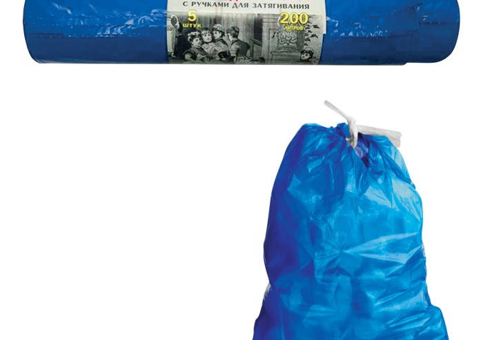Мешки для мусора 200 л, завязки, синие, в рулоне 5 шт., ПВД, 45 мкм, 85х110 см, прочные, КОНЦЕПЦИЯ БЫТА VITALUX, 2838