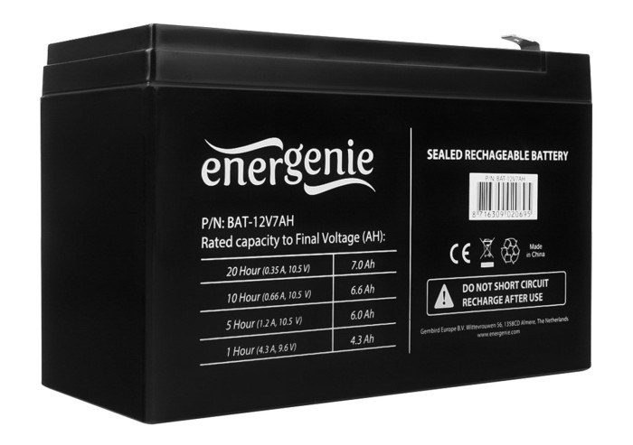 Аккумуляторная батарея для ИБП любых торговых марок, 12 В, 7 Ач, 151x65x95 мм, ENERGENIE, BAT-12V7AH