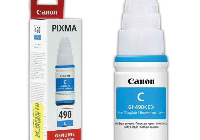 Чернила CANON (GI-490С) для СНПЧ Pixma G1400\G2400\G3400, голубые, ресурс 7000 стр., оригинальные, 0664C001