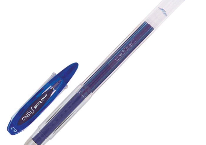 Ручка гелевая UNI-BALL (Япония) "Signo", СИНЯЯ, корпус прозрачный, узел 0,7 мм, линия письма 0,4 мм, UM-120 BLUE