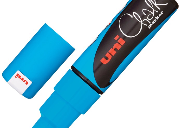 Маркер меловой UNI "Chalk", 8 мм, СИНИЙ, влагостираемый, для гладких поверхностей, PWE-8K L.BLUE
