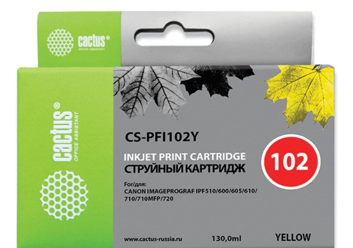 Картридж струйный CACTUS (CS-PFI102Y) для CANON iPF500/510/F600/605/650/700, желтый