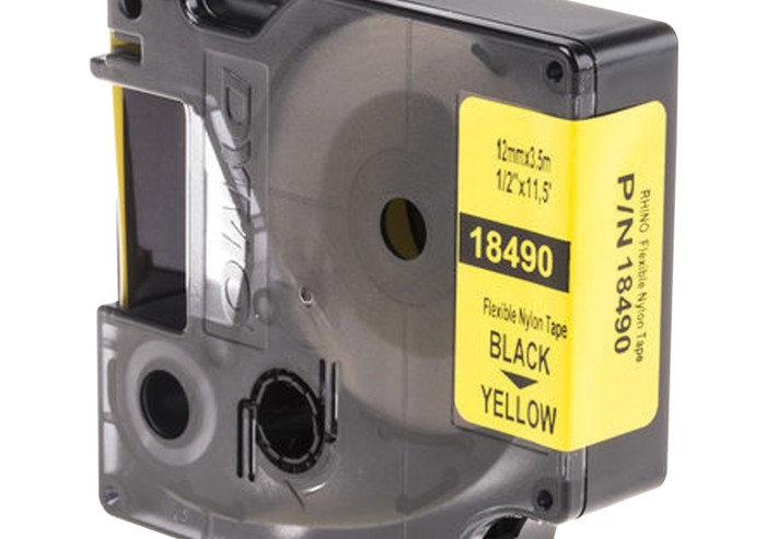 Картридж для принтеров этикеток DYMO Rhino, 12 мм х 3,5 м, лента нейлоновая, чёрный шрифт, неровная поверхность, желтая, 18490