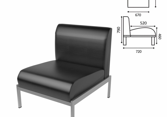 Кресло мягкое "Дилан" Д-22, 670х720х790 мм, без подлокотников, кожзам, черное