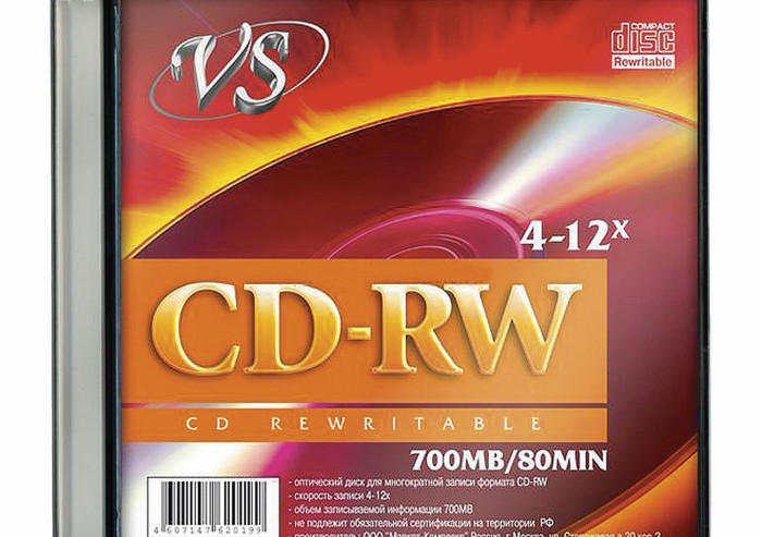 Диск CD-RW, VS, 700 Mb, 4-12 x Slim Case, 1 штука, VSCDRWSL01
