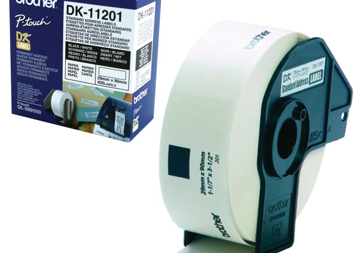 Картридж для принтеров этикеток BROTHER DK11201, 90 мм х 29 м, черный шрифт, белый фон, 400 наклеек в рулоне