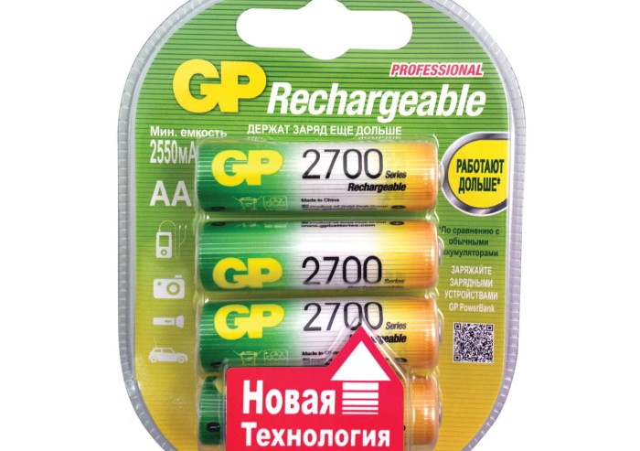 Батарейки аккумуляторные КОМПЛЕКТ 4 шт., GP, АА (HR6), Ni-Mh, 2700 mAh, блистер, 270AAHC-2DECRC4