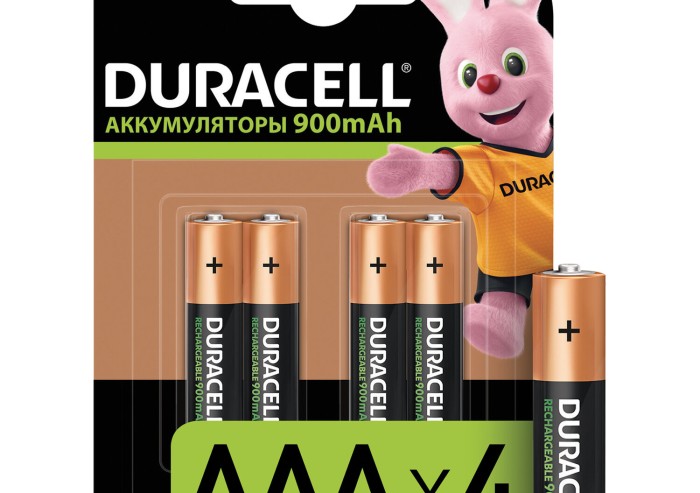 Батарейки аккумуляторные КОМПЛЕКТ 4 шт., DURACELL, AAA (HR03), Ni-Mh, 900mAh, блистер, 81546826