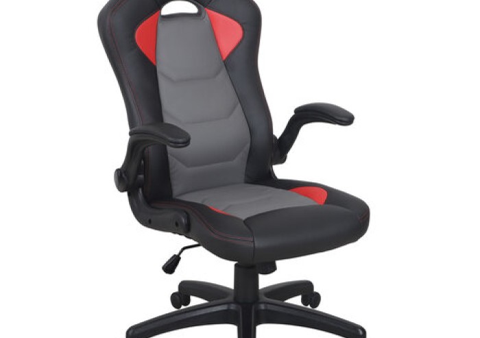 Кресло компьютерное BRABIX "Skill GM-005", откидные подлокотники, экокожа, черное/красное, 532496