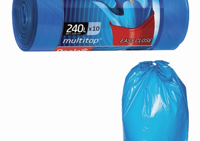 Мешки для мусора 240 л, с ушками, синие, рулон 10 шт., ПВД, 40 мкм, 90х145 см, PACLAN "Multitop", 134451