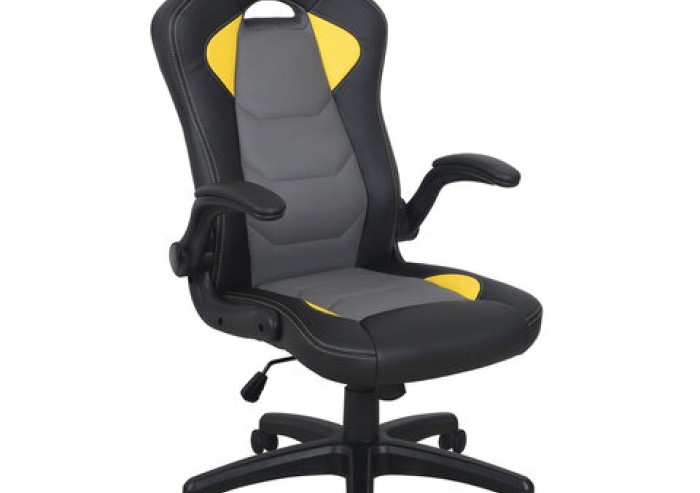 Кресло компьютерное BRABIX "Skill GM-005", откидные подлокотники, экокожа, черное/желтое, 532494