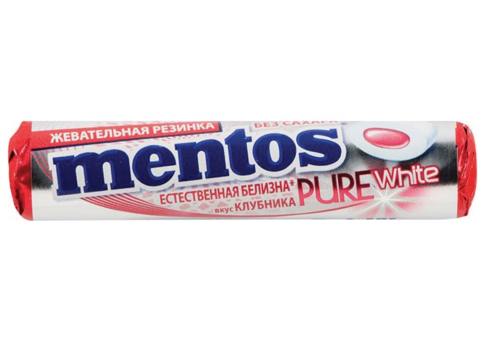 Жевательная резинка MENTOS Pure White (Ментос) "Ролл Клубника", 15,5 г, 87547