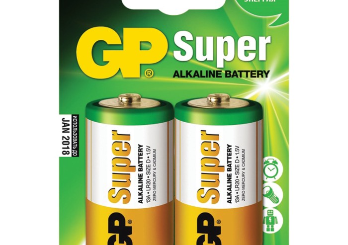 Батарейки GP Super, D (LR20, 13А), алкалиновые, КОМПЛЕКТ 2 шт., блистер, 13A-2CR2