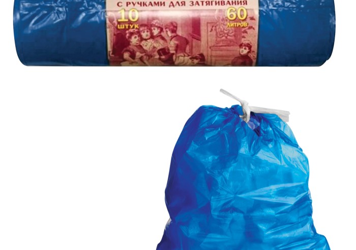 Мешки для мусора 60 л, завязки, синие, в рулоне 10 шт., ПВД, 30 мкм, 70х60 см, прочные, КОНЦЕПЦИЯ БЫТА VITALUX, 503