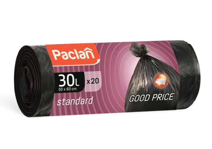 Мешки для мусора 30 л, черные, в рулоне 20 шт., ПНД, 7,3 мкм, 50х60 см, PACLAN "Standard"
