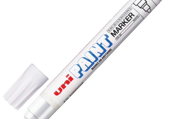 Маркер-краска лаковый (paint marker) UNI (Япония) "Paint", 2,2-2,8 мм, БЕЛЫЙ, нитро-основа, алюминиевый корпус, PX-20(L) WHITE