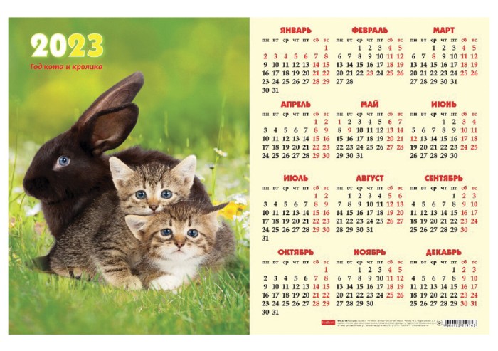 Календарь настенный листовой 2023 г., формат А3 (44х29 см), "Год Кота и Кролика", HATBER, Кл3_27113