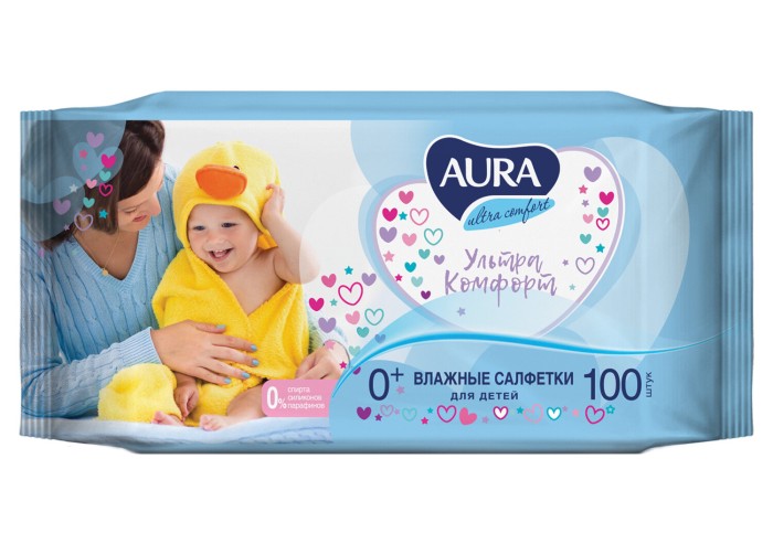 Салфетки влажные КОМПЛЕКТ 100 шт., для детей AURA "Ultra comfort", универсальные, очищающие, гипоаллергенные, без спирта, 5637