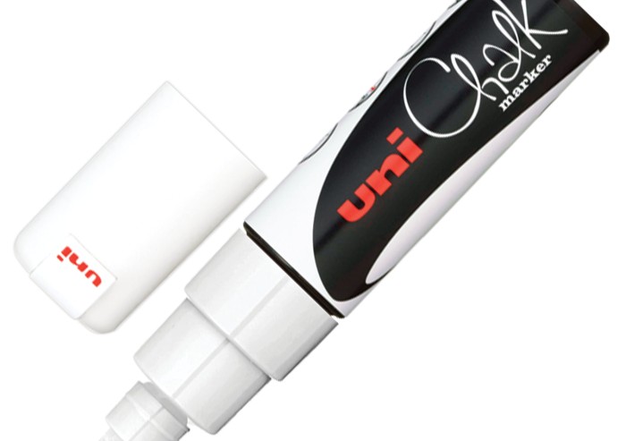 Маркер меловой UNI "Chalk", 8 мм, БЕЛЫЙ, влагостираемый, для гладких поверхностей, PWE-8K WHITE